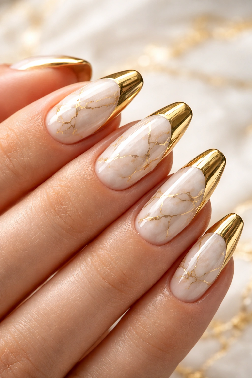 Close-up of nails with white marble base and gold tips