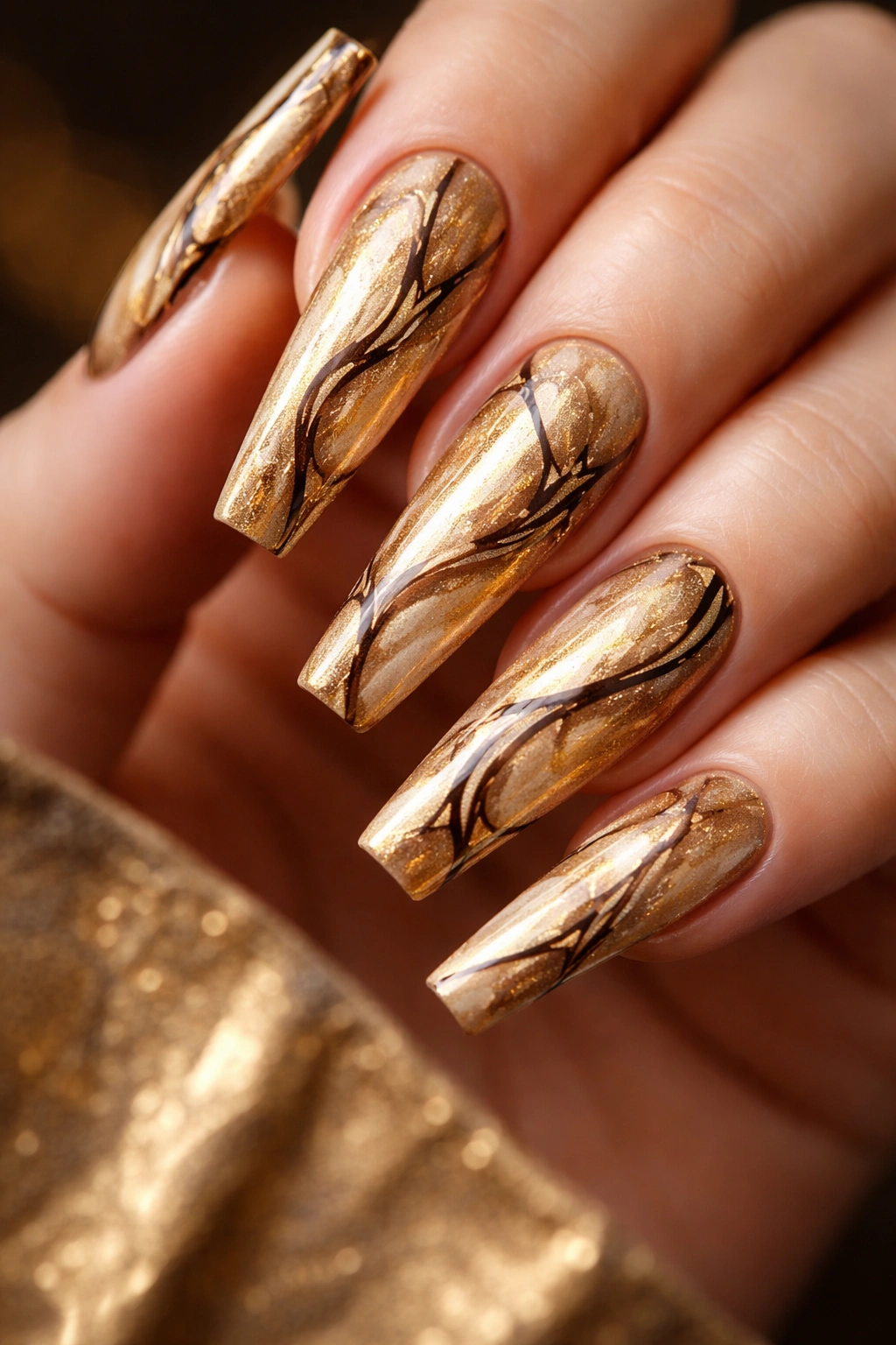 Coffin nails with gold marble effect and black veining