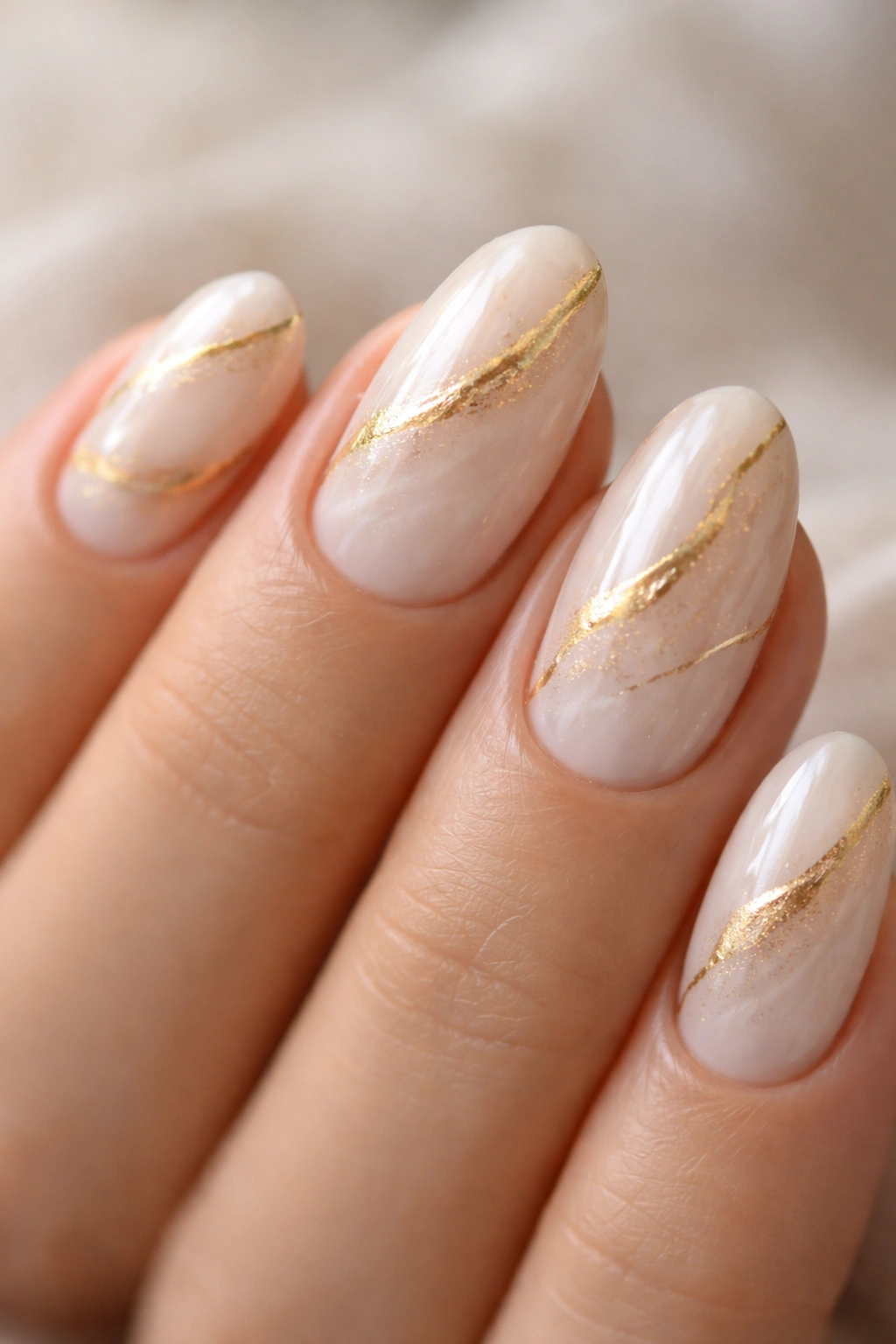 Close-up of short almond nails with light gold marble veining on a pale base