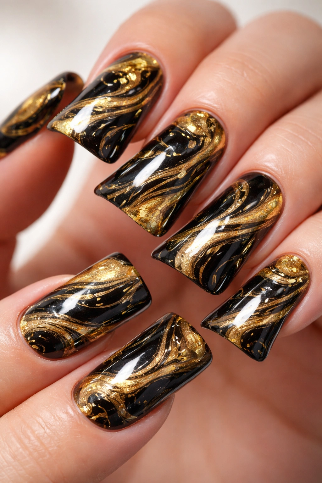 Close-up of gold and black marble duck nails with swirling patterns on a dark base