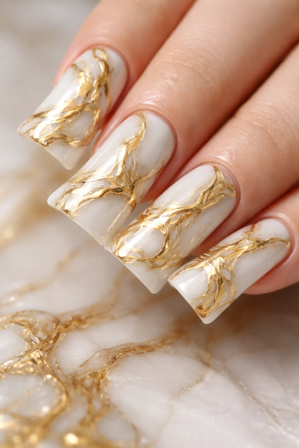 Nails with gold marble effect over white base in macro shot