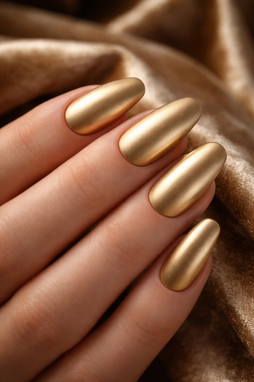 Close-up of hand with gold matte chrome nails on a velvet surface
