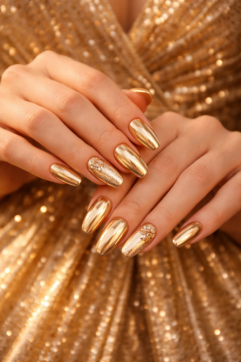 Close-up of gold metallic nails on gold dress fabric