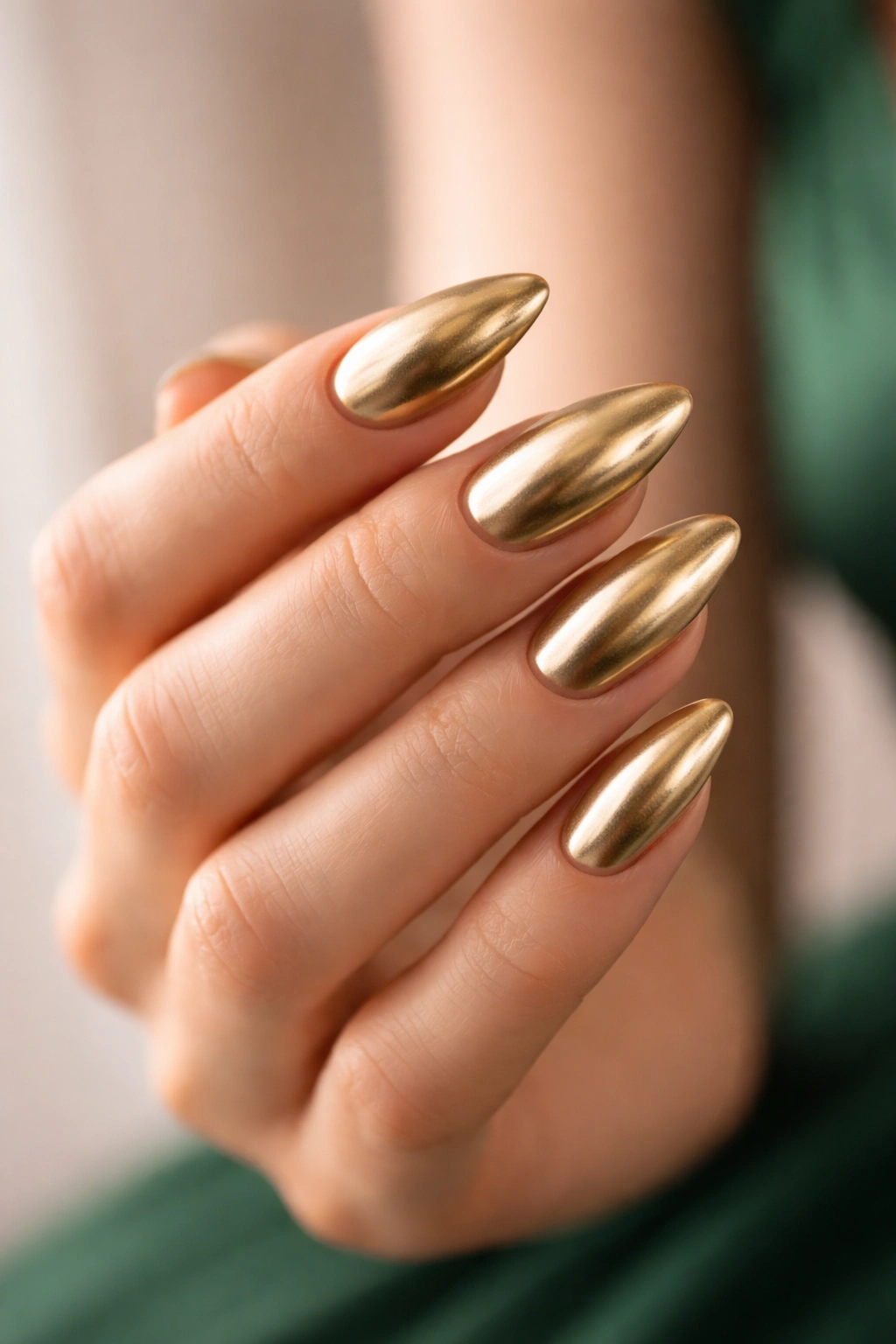 Close-up of hand with gold metallic nails on a plain backdrop