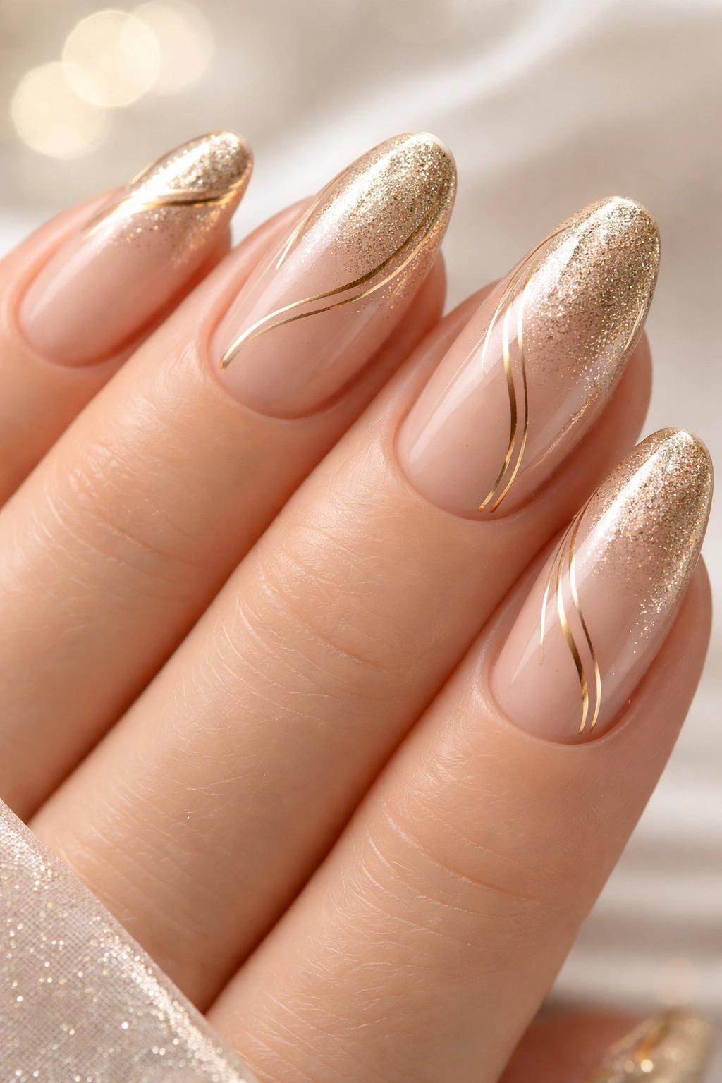 Close-up of hands with champagne-gold metallic nails