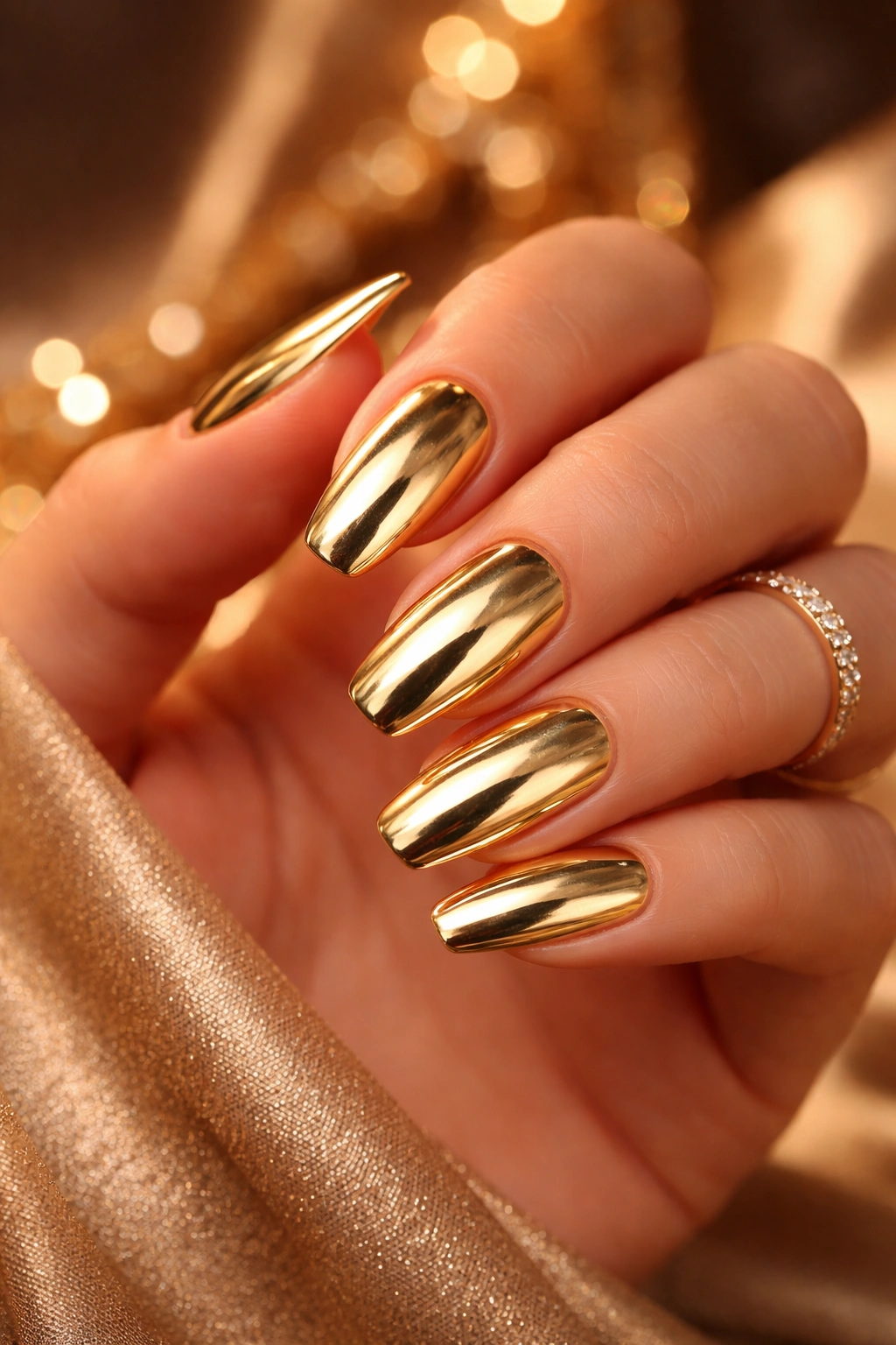 Close-up of hand with gold metallic nails glowing under warm light