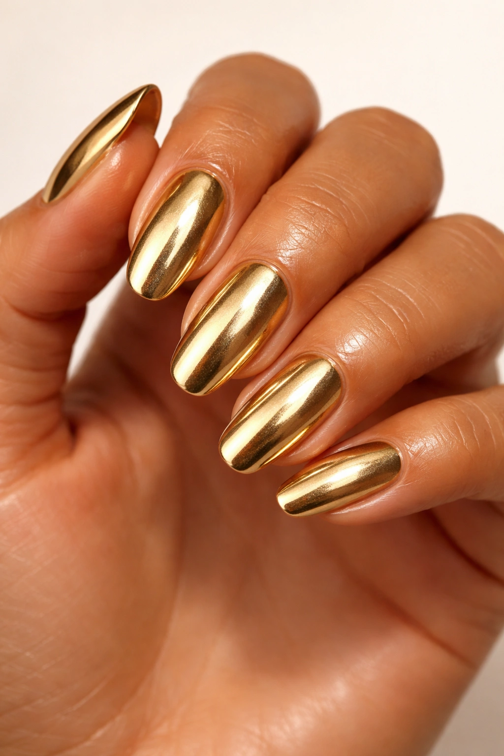Close-up of a tanned hand with gold metallic nail polish.