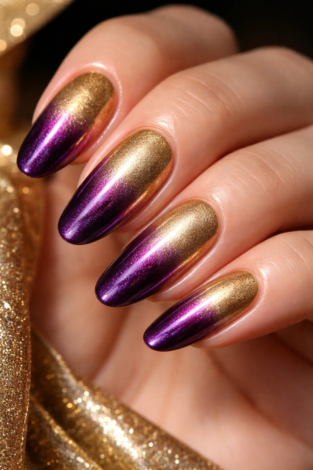 Gold metallic base with purple ombre on long round nails, luxurious shimmer.