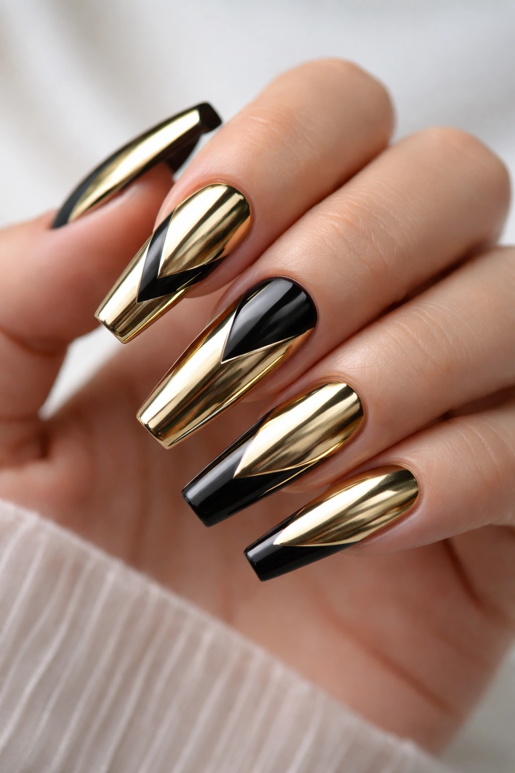 Gold mirror coffin nails with black accent stripes
