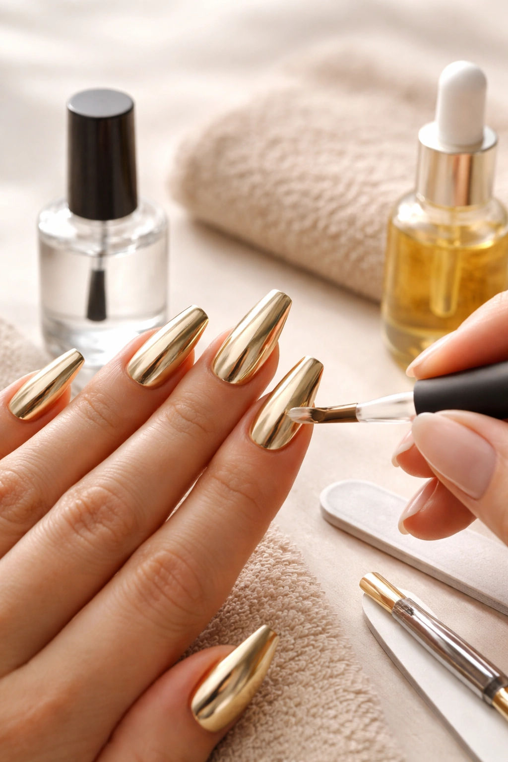 Hands with gold nails in a maintenance setup showing care products