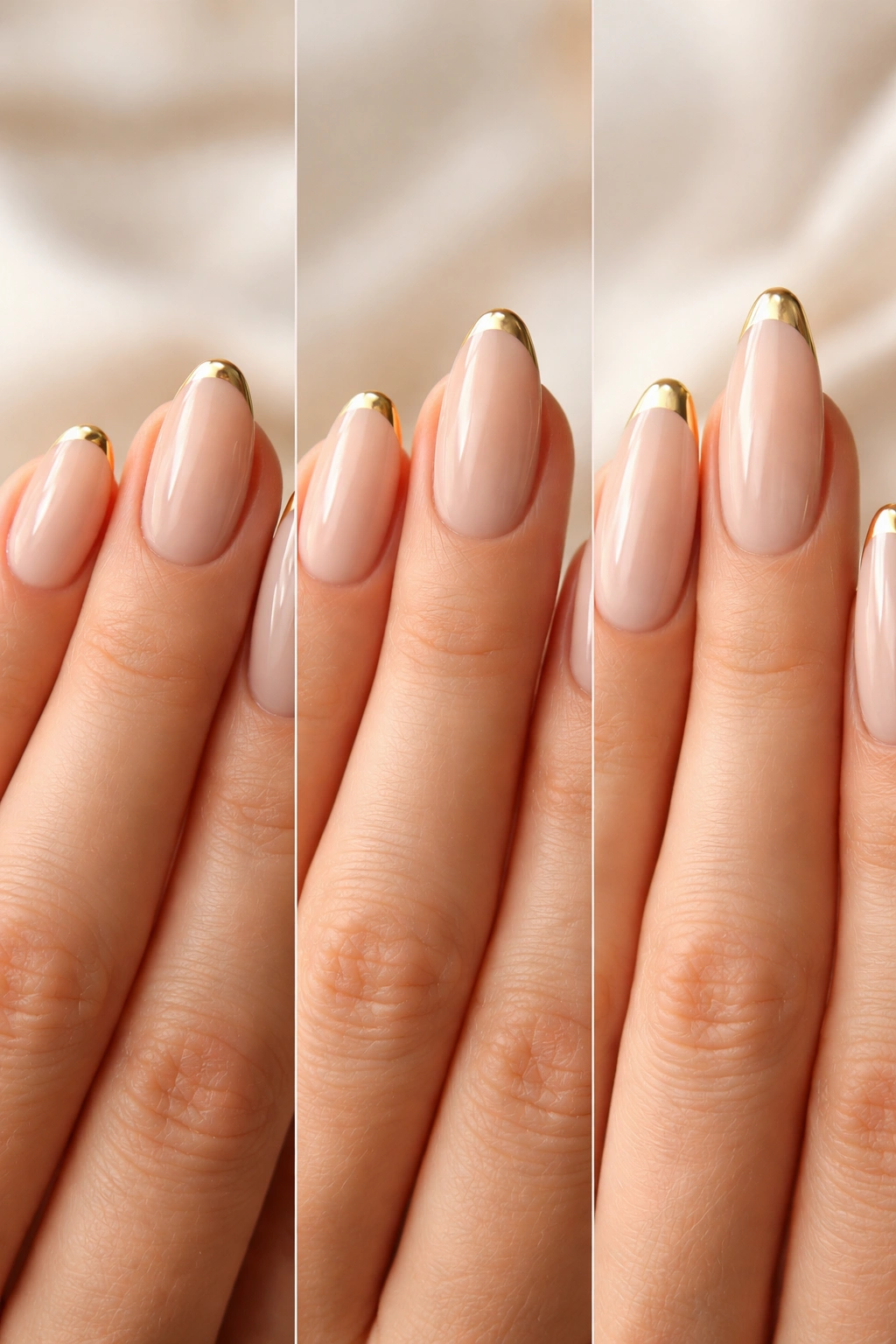 Close-up of almond nails with gold French tips at varying lengths on nude polish