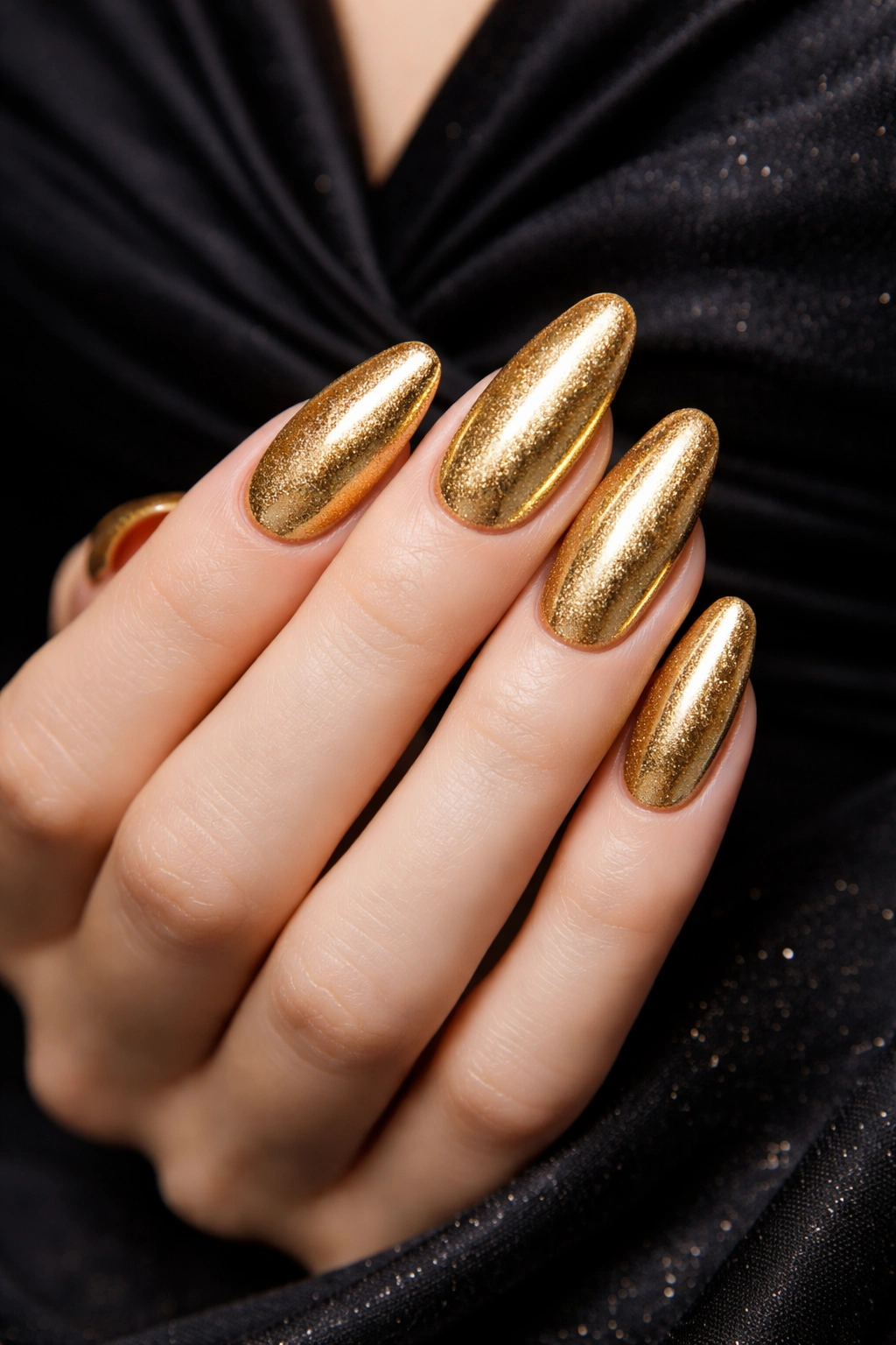 Close-up of gold metallic nails against a black dress backdrop