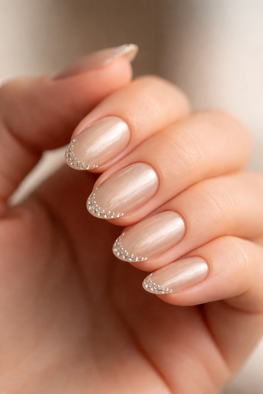 Close-up of soft gold almond nails with crystal-tipped edges
