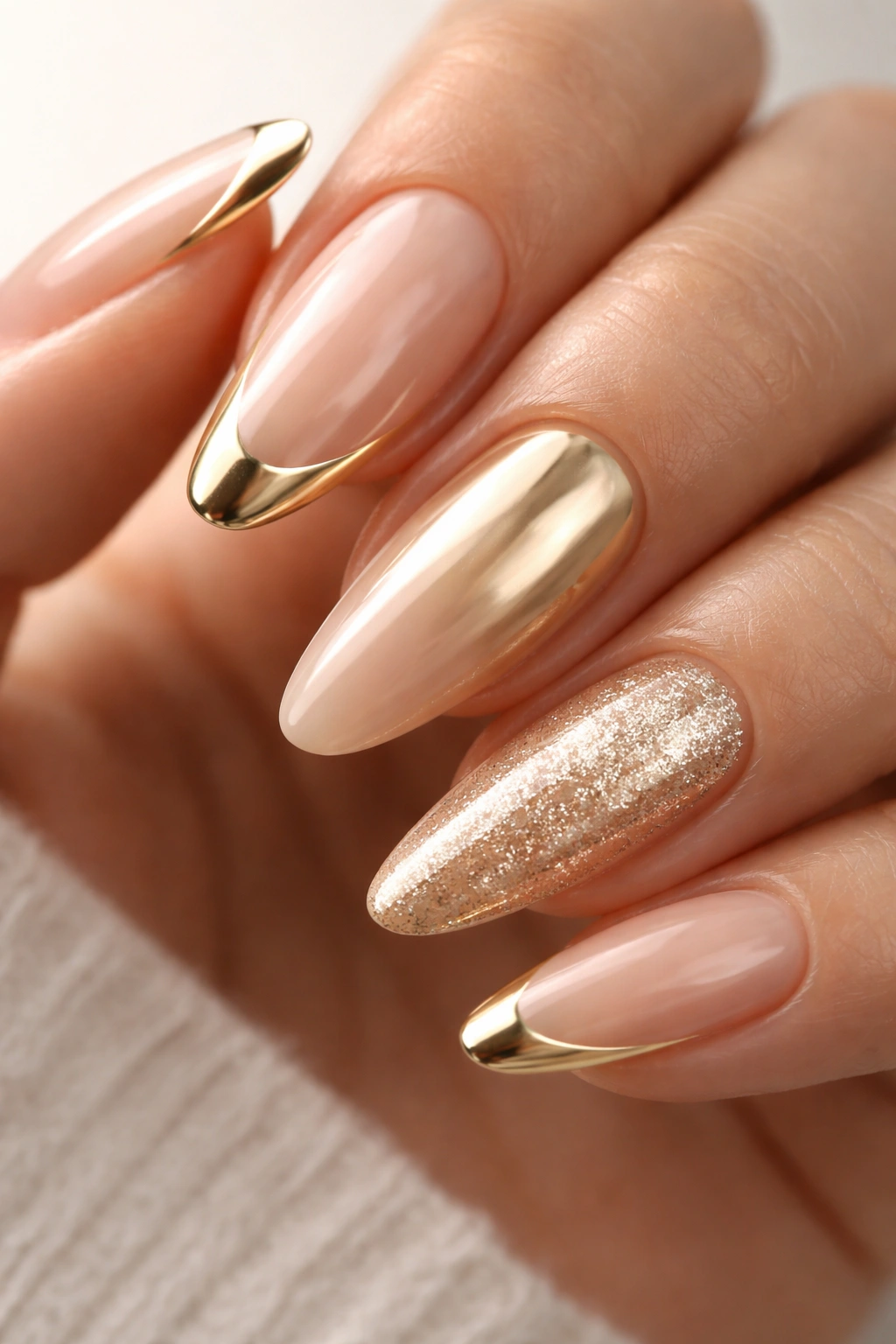Close-up of gold French tip nails with mixed finishes