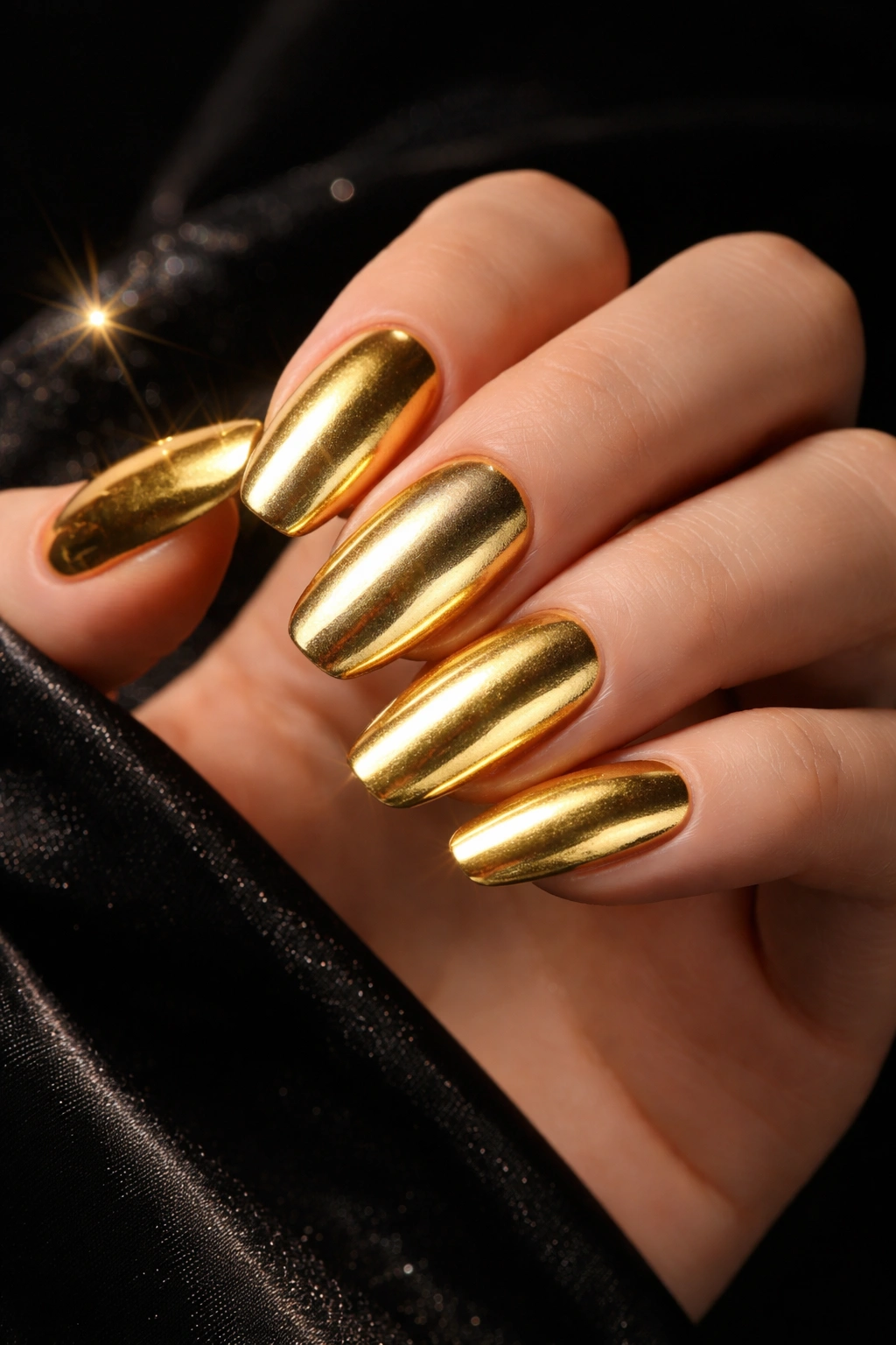Close-up of metallic gold nails on a hand against a dark backdrop.