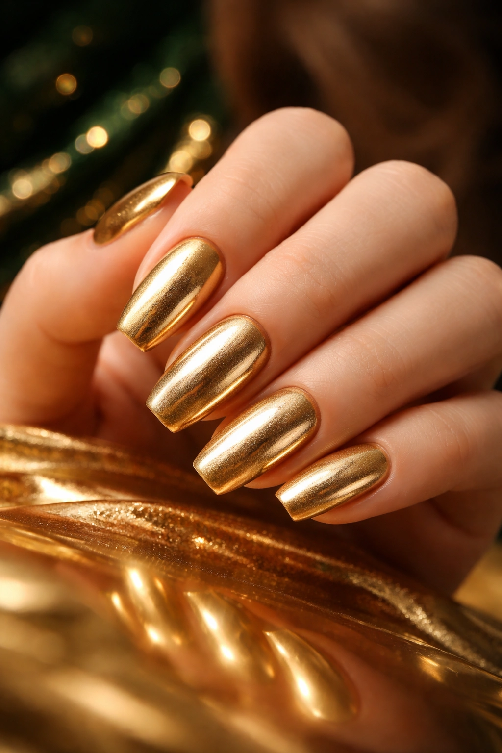 Close-up of gold metallic nails on hand with reflective finish