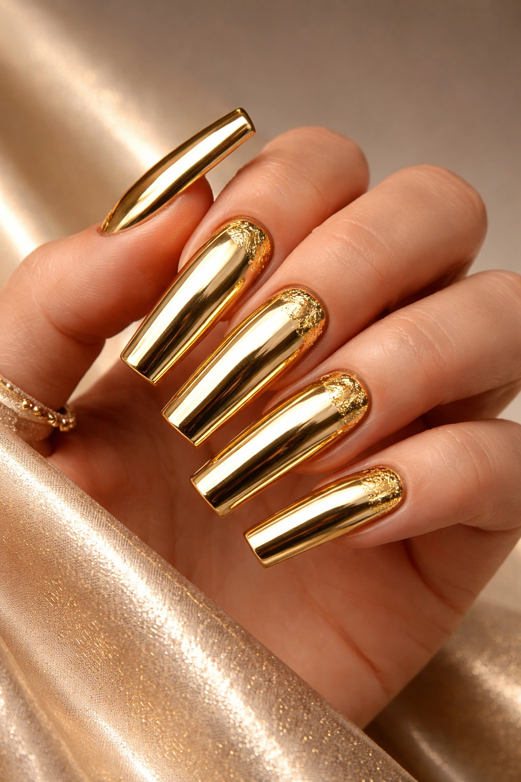 Close-up of long square metallic gold acrylic nails with foil flecks.