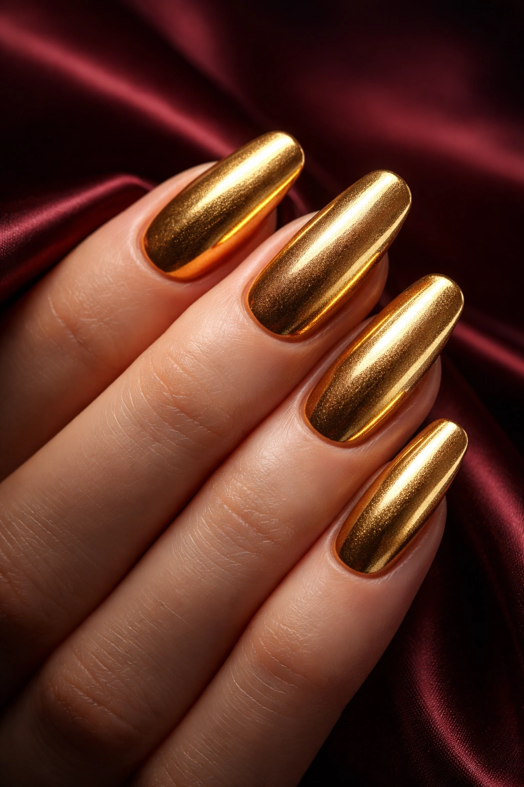 Gold metallic nails with warm reflections