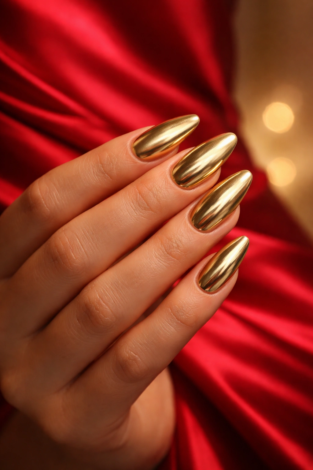 Hand with metallic gold nails beside red dress