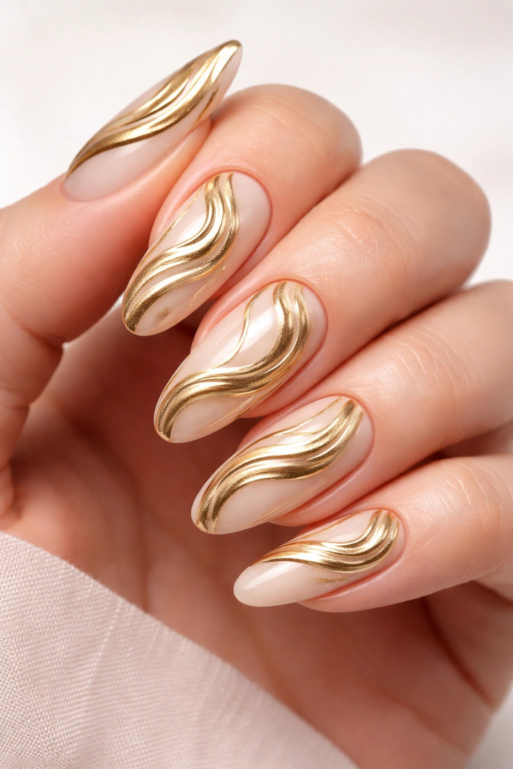 Gold swirl nails on a neutral base with metallic sheen
