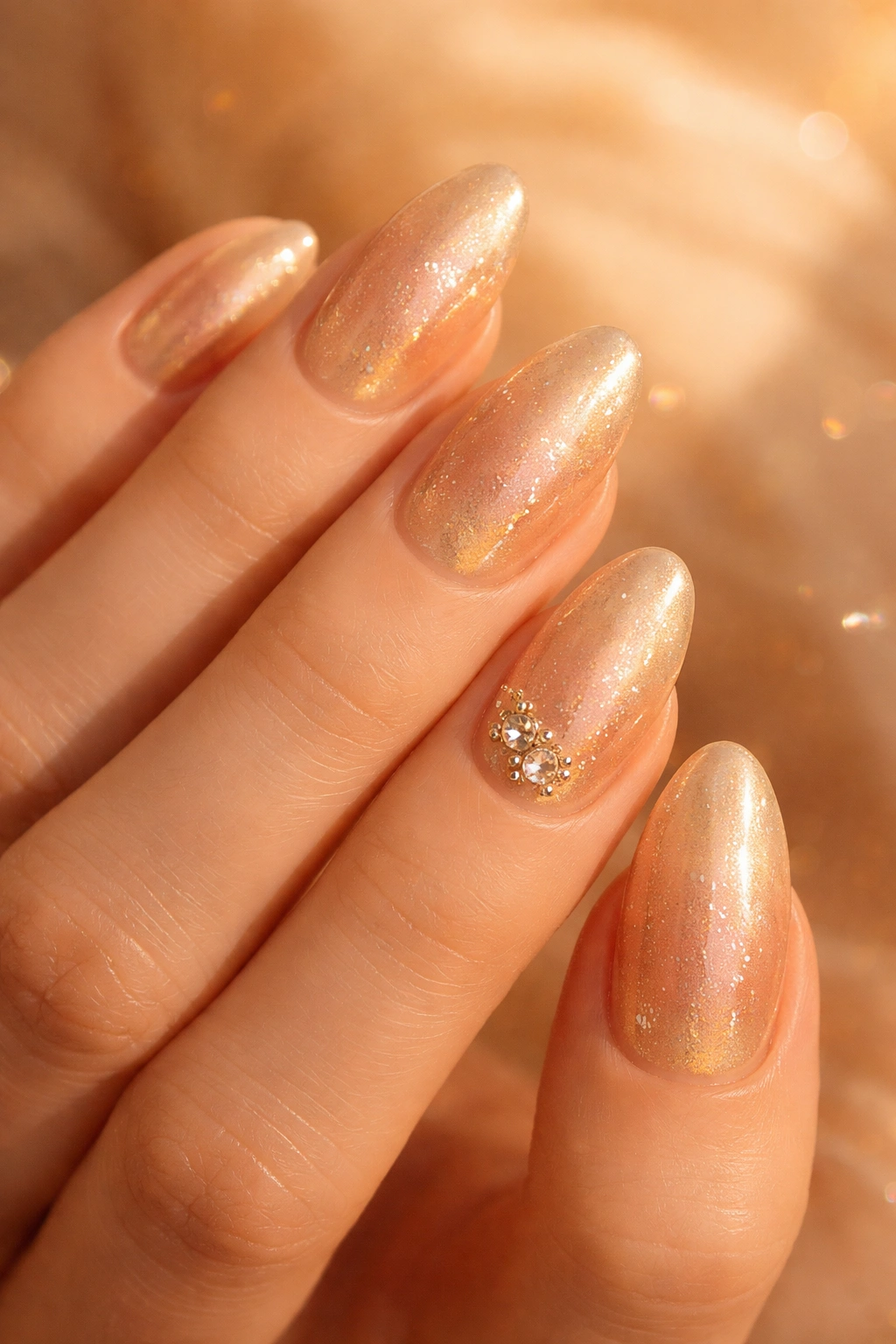 Close-up of hands showing warm champagne gold nails with a sunlit glow.
