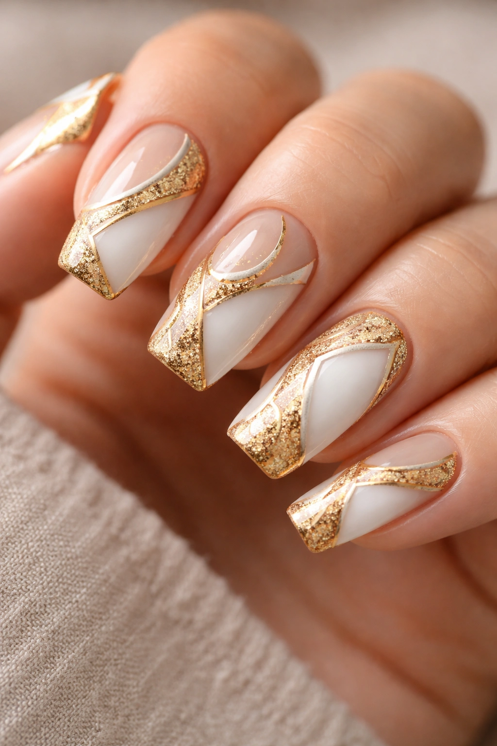 Nails showcasing gold patterns with white negative-space windows
