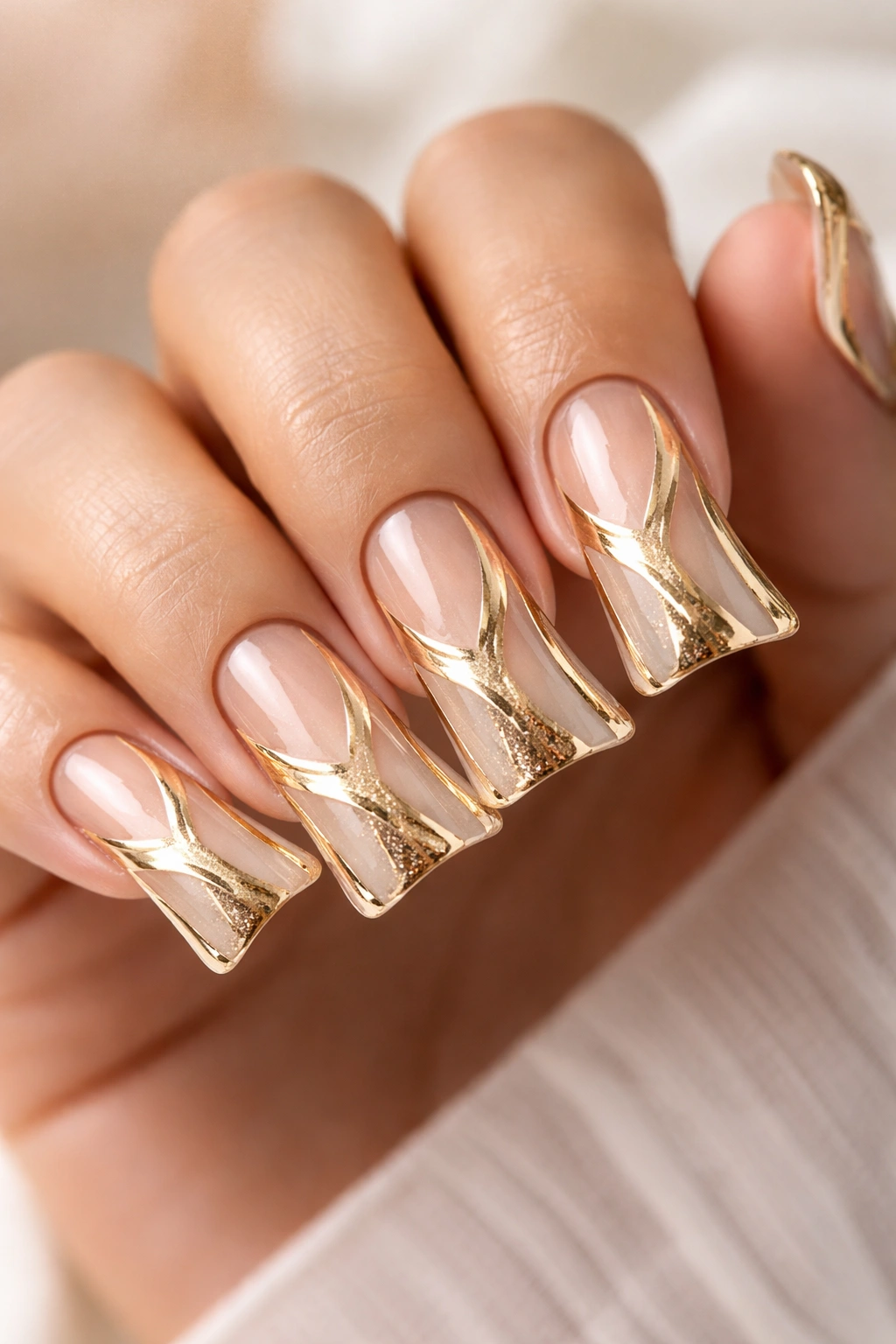 Close-up of gold negative space duck nails showing cutouts