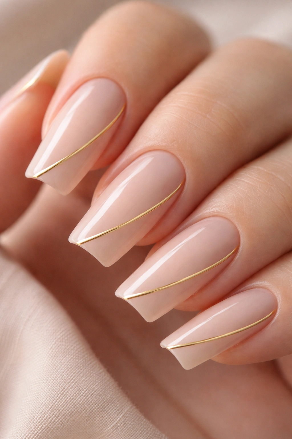 Close-up of slim duck nail with nude base and thin gold accent line