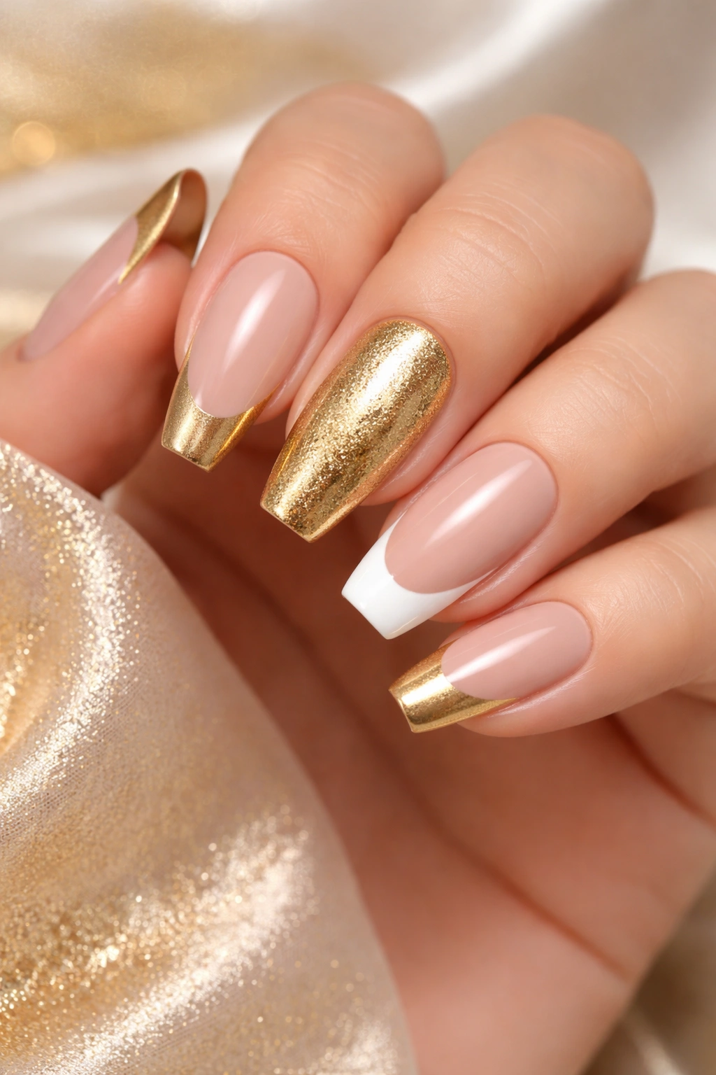 Hand showing gold and nude mismatched French tips