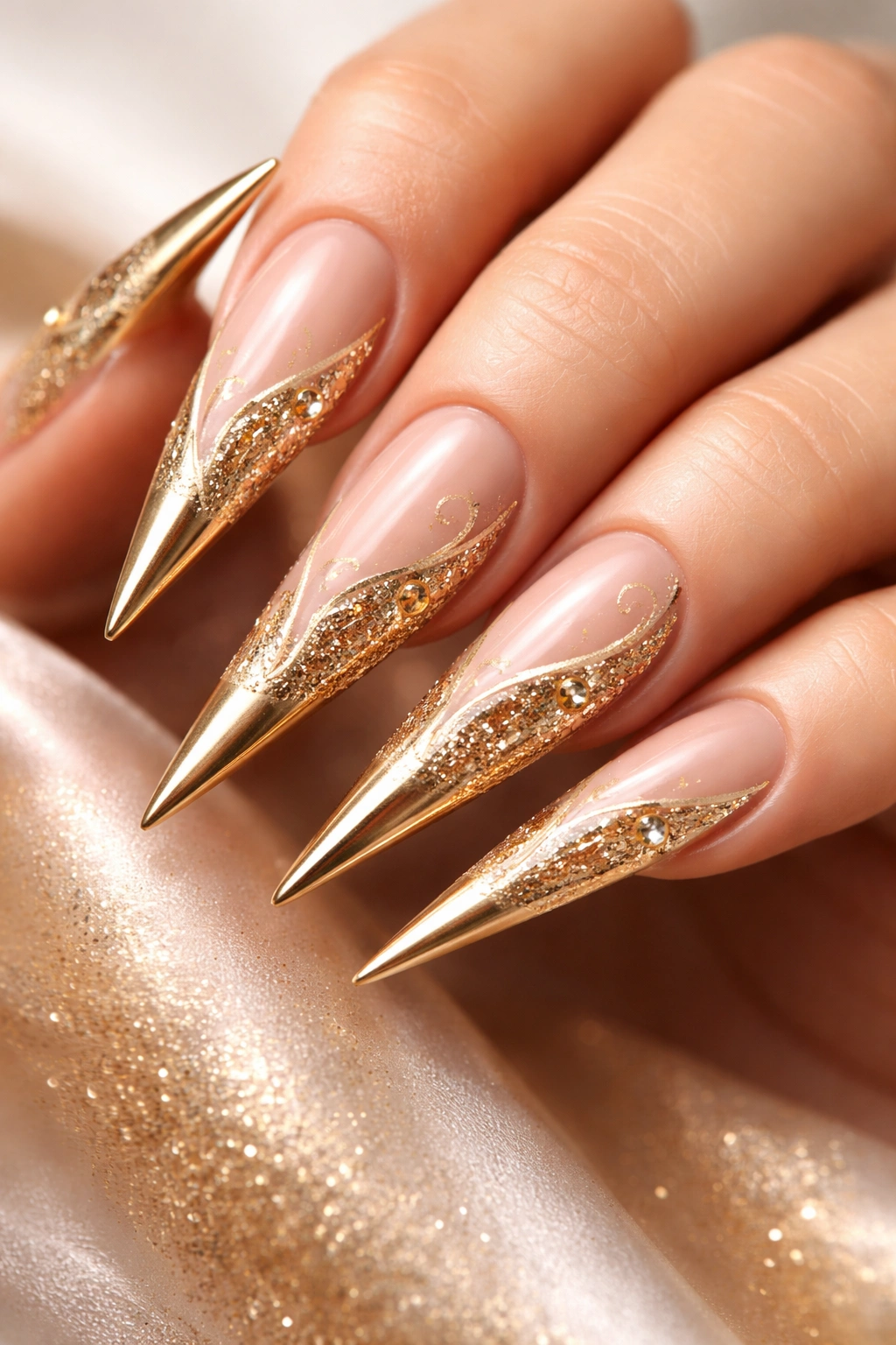 Close-up of gold and nude stilettos nails with warm metallic accents