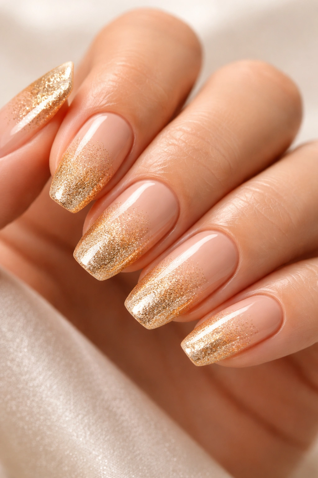 Nails with durable gold ombre and glossy top coat