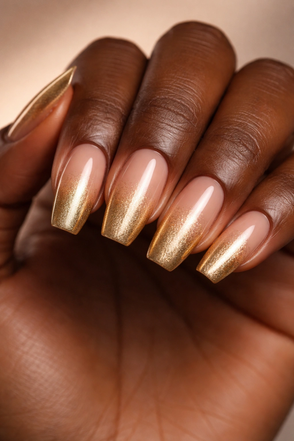 Nails with nude-to-gold ombré gradient on dark skin