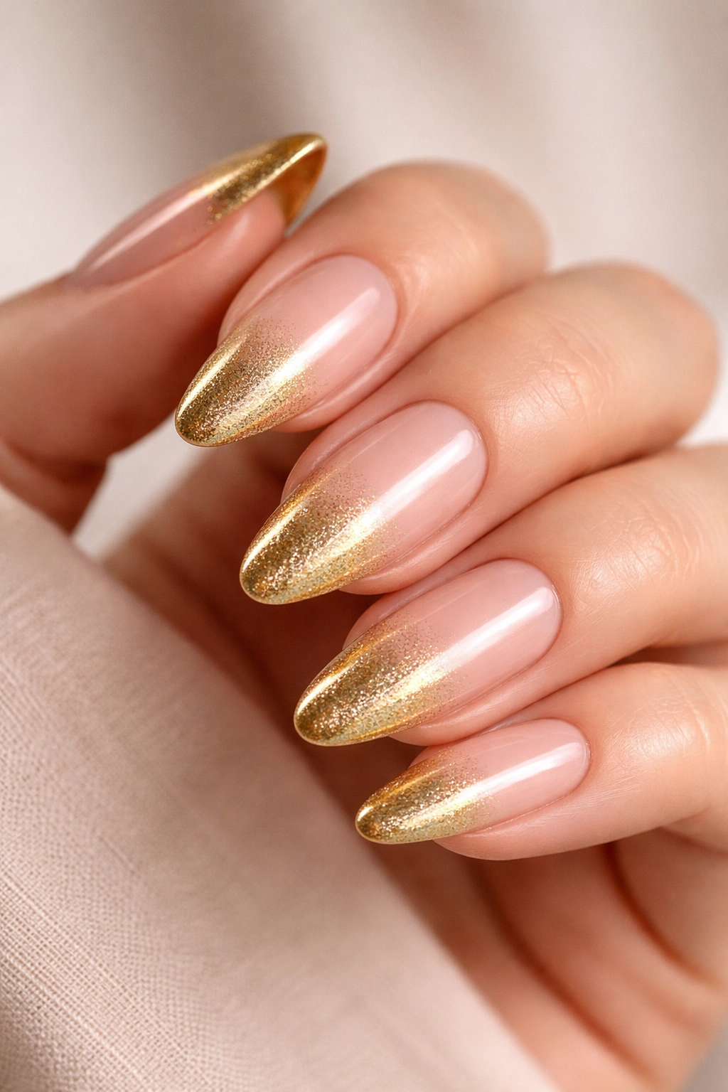 Nails showing nude-to-gold ombre French tips close-up