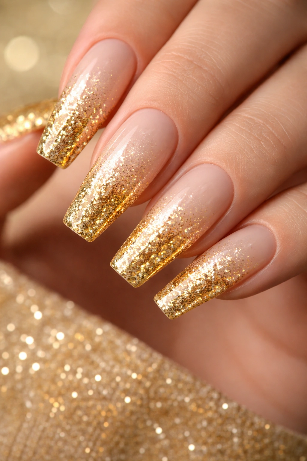 Coffin nails in champagne to bronze ombre with glitter gradient
