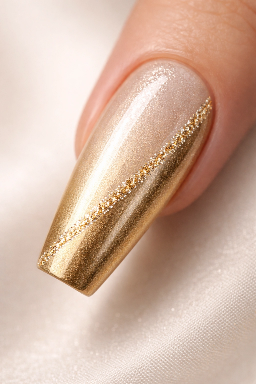 Close-up of a coffin nail with champagne-to-gold ombré and glitter edge line