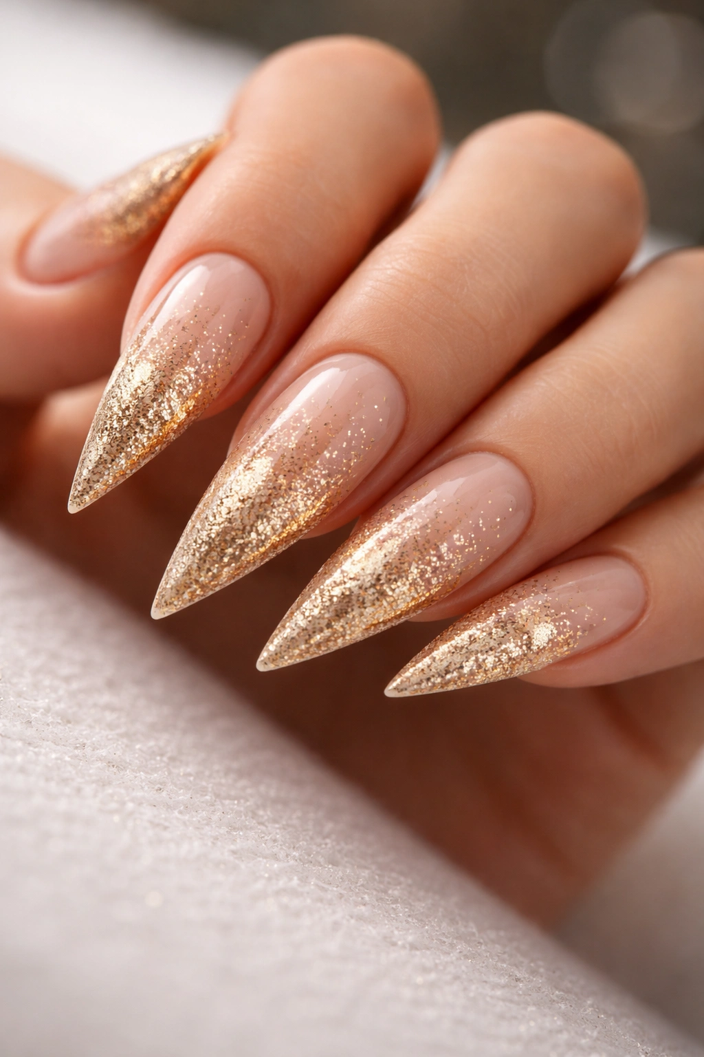Close-up of nude-to-gold ombre stiletto nails with fine gold glitter