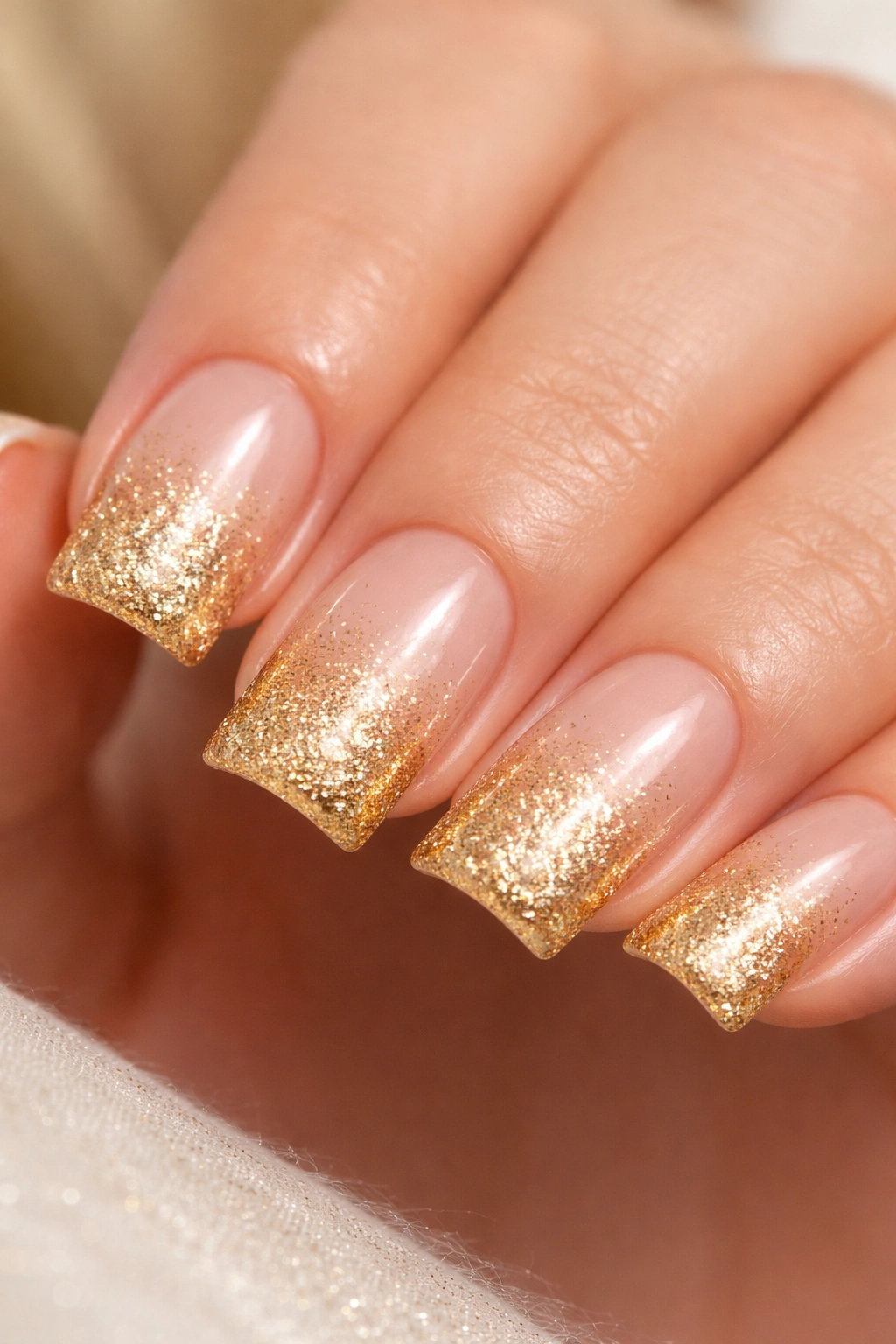 Short duck nails with champagne to gold ombre and glitter at the tip