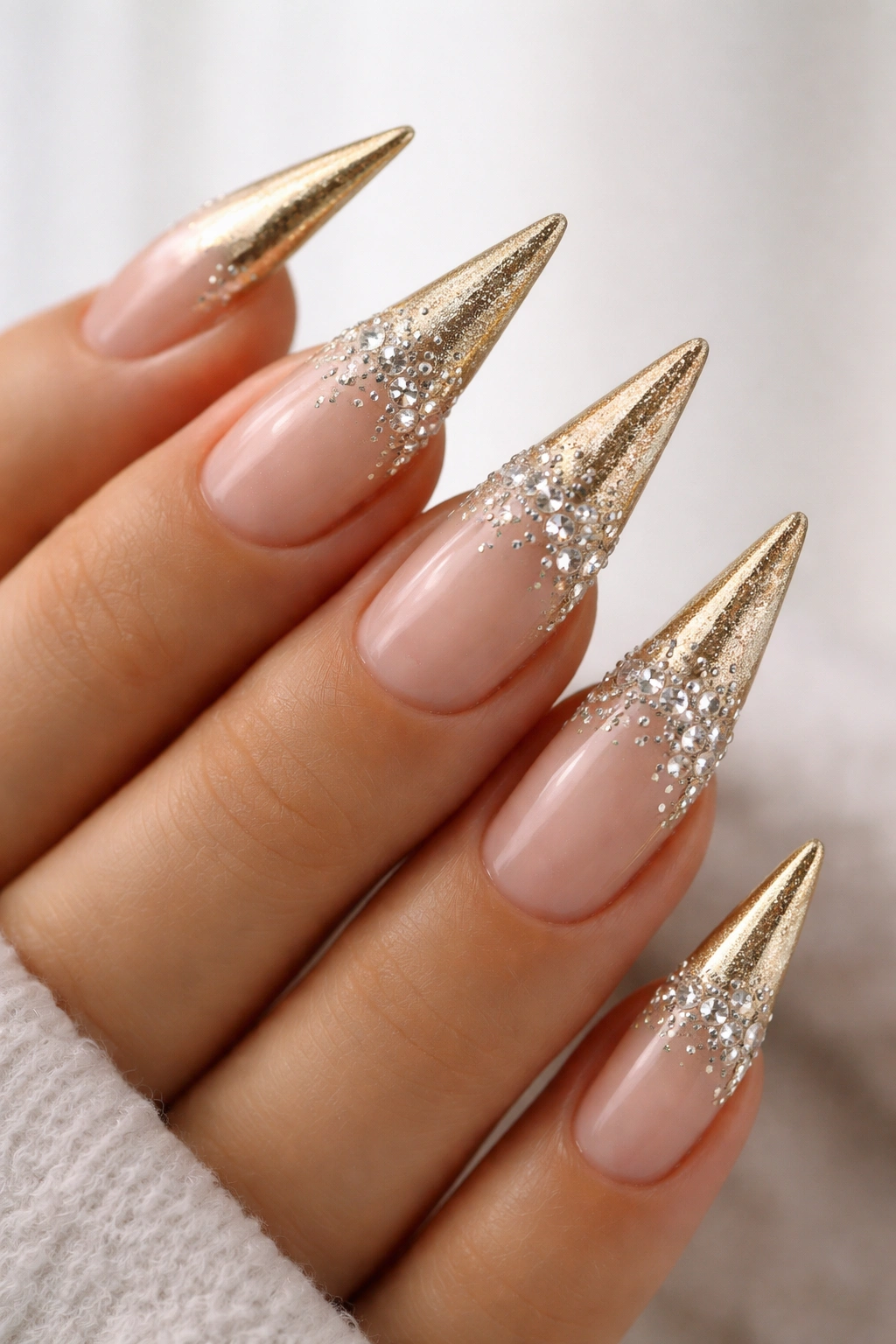 Close-up of gold ombre stiletto nails with rhinestone cascade on a white background
