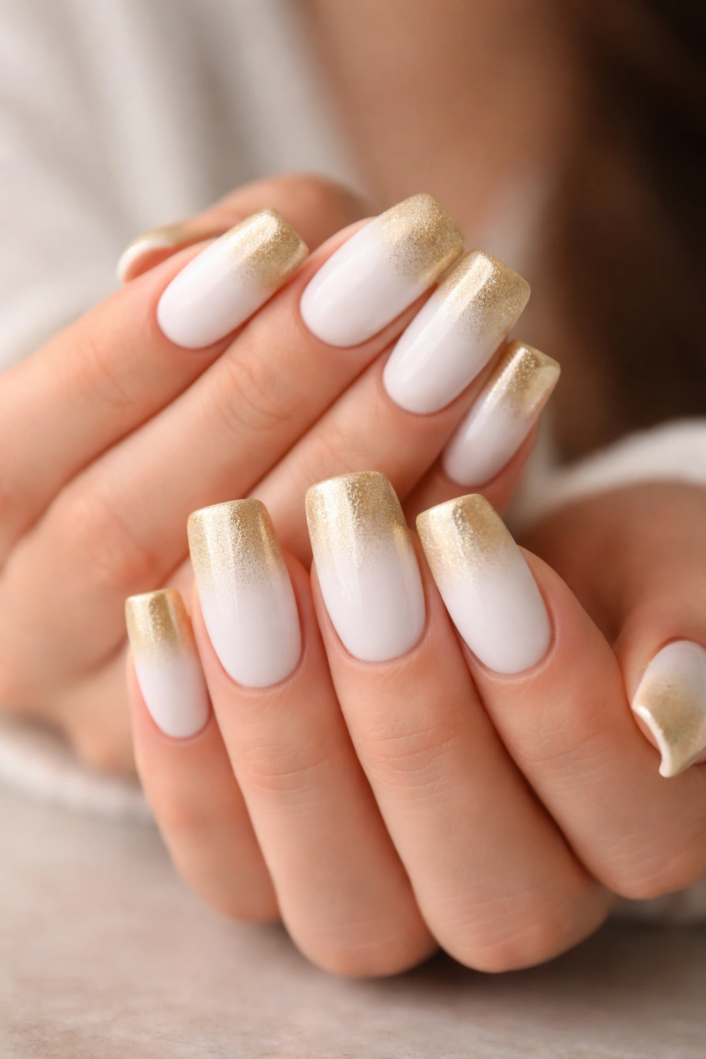 Nails showing white base fading to gold tips in a soft ombre