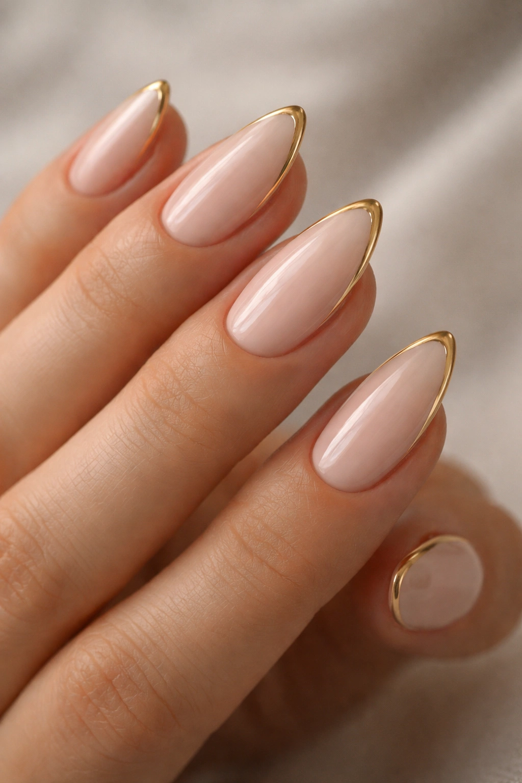 Close-up of almond nails with sheer pink base and a thin gold outline along the free edge
