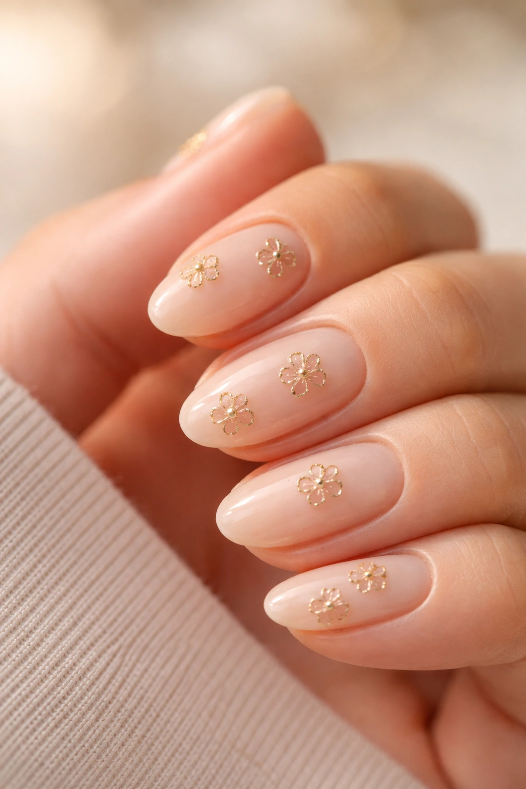 Close-up of short almond nails featuring tiny gold-outlined flowers on nude base