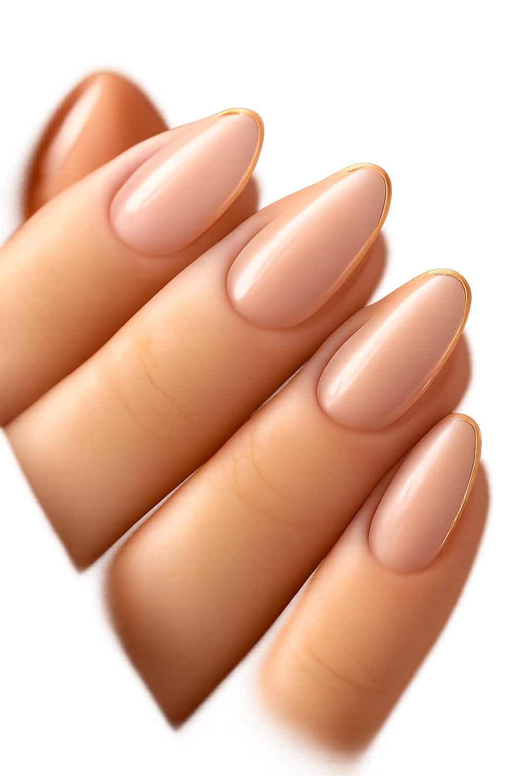 Close-up of almond nails with a gold outline along the edge