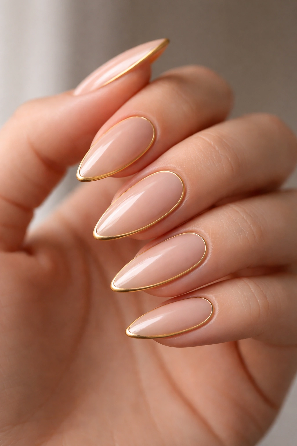 Almond nails with a thin gold outline along the outer edge.