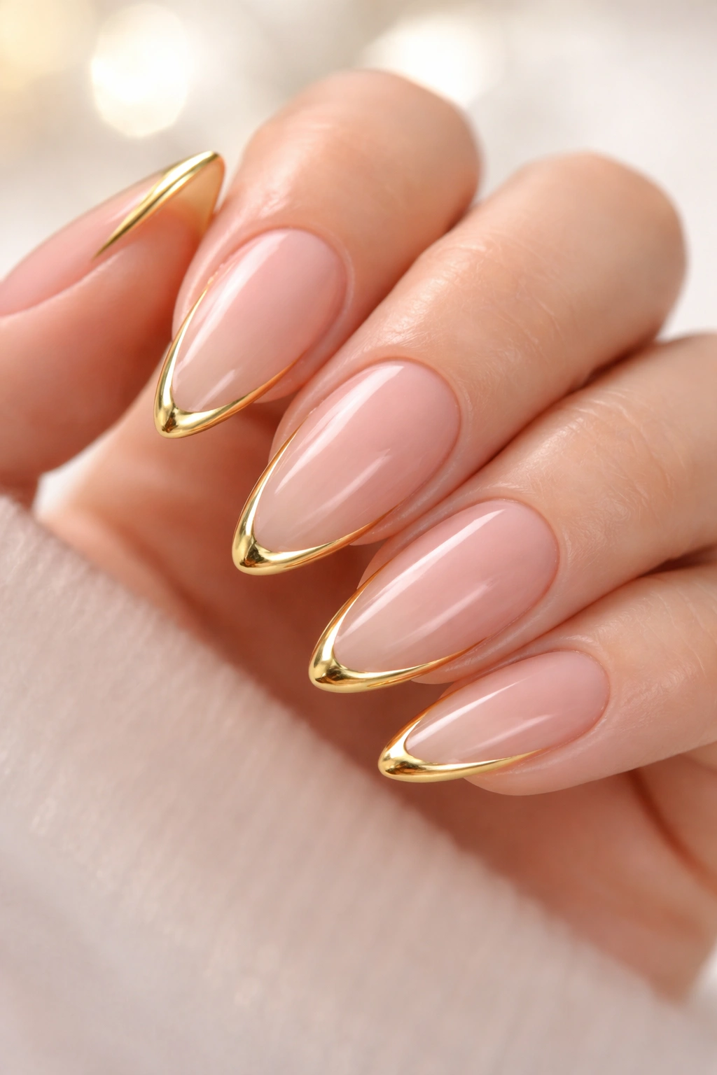 Close-up of nails with a thin gold outline along the tips on a sheer base