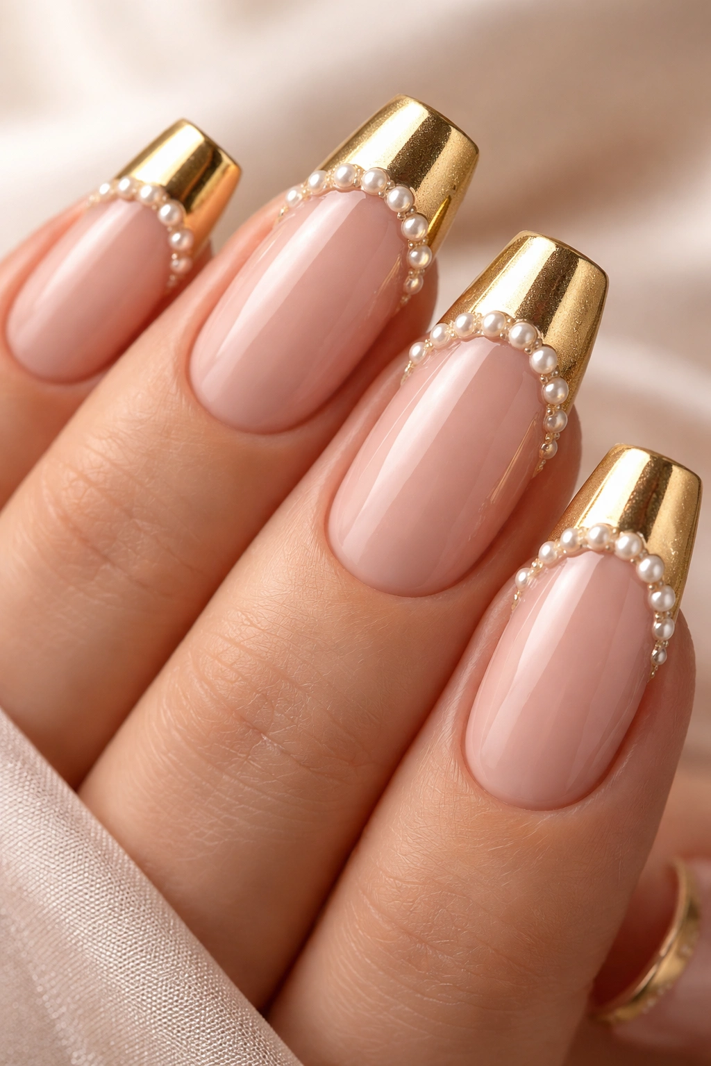 Close-up of nails with gold French tips and pearl accents along the edge