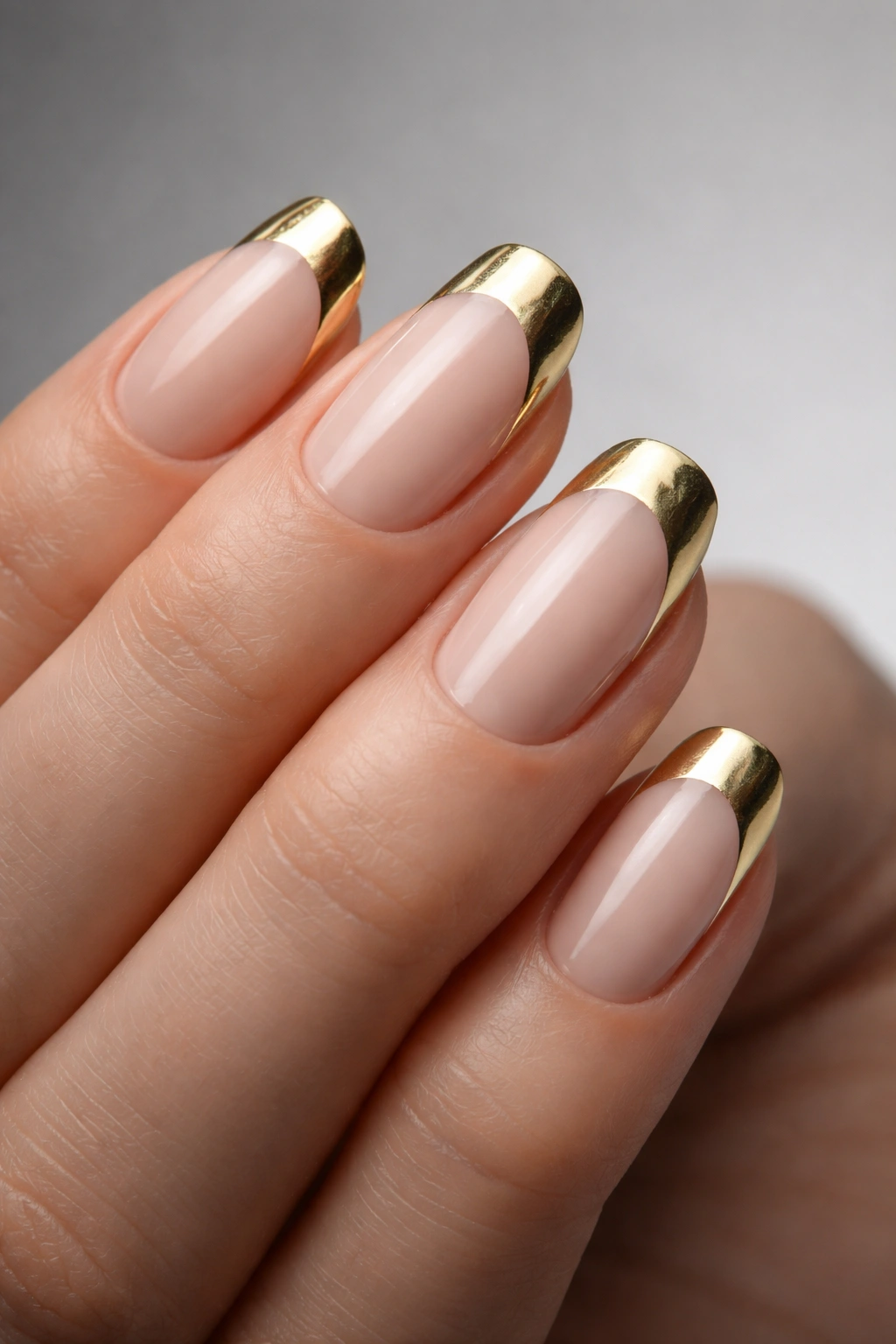 Close-up of nails showing gold at the base near cuticles for reverse French tips