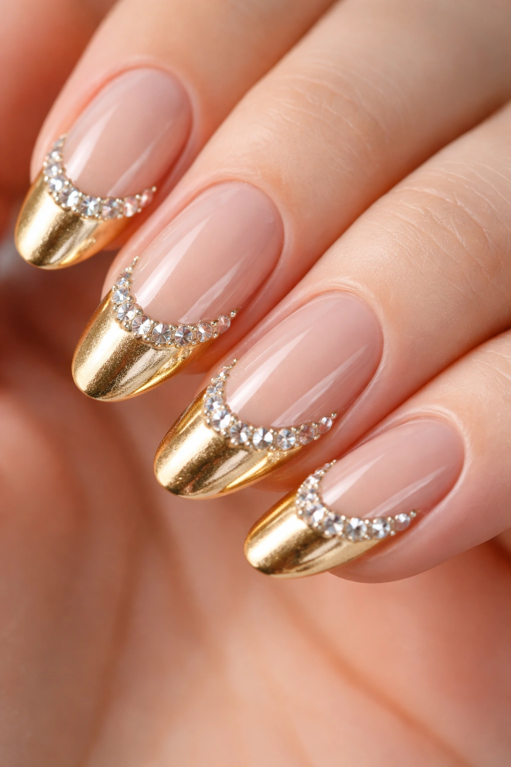 Close-up of nails with gold French tips and rhinestones on a neutral background