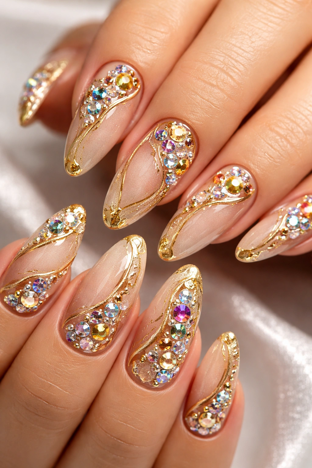 Close-up of nails with gold accents and multicolor rhinestones