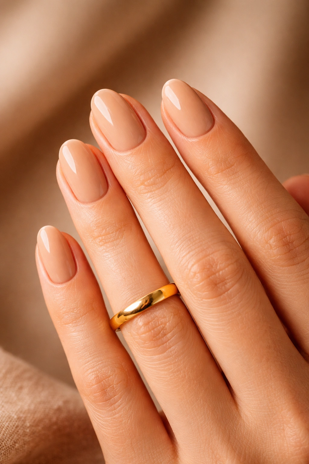 Close-up of a hand with a yellow gold ring and warm nude nails against a neutral background