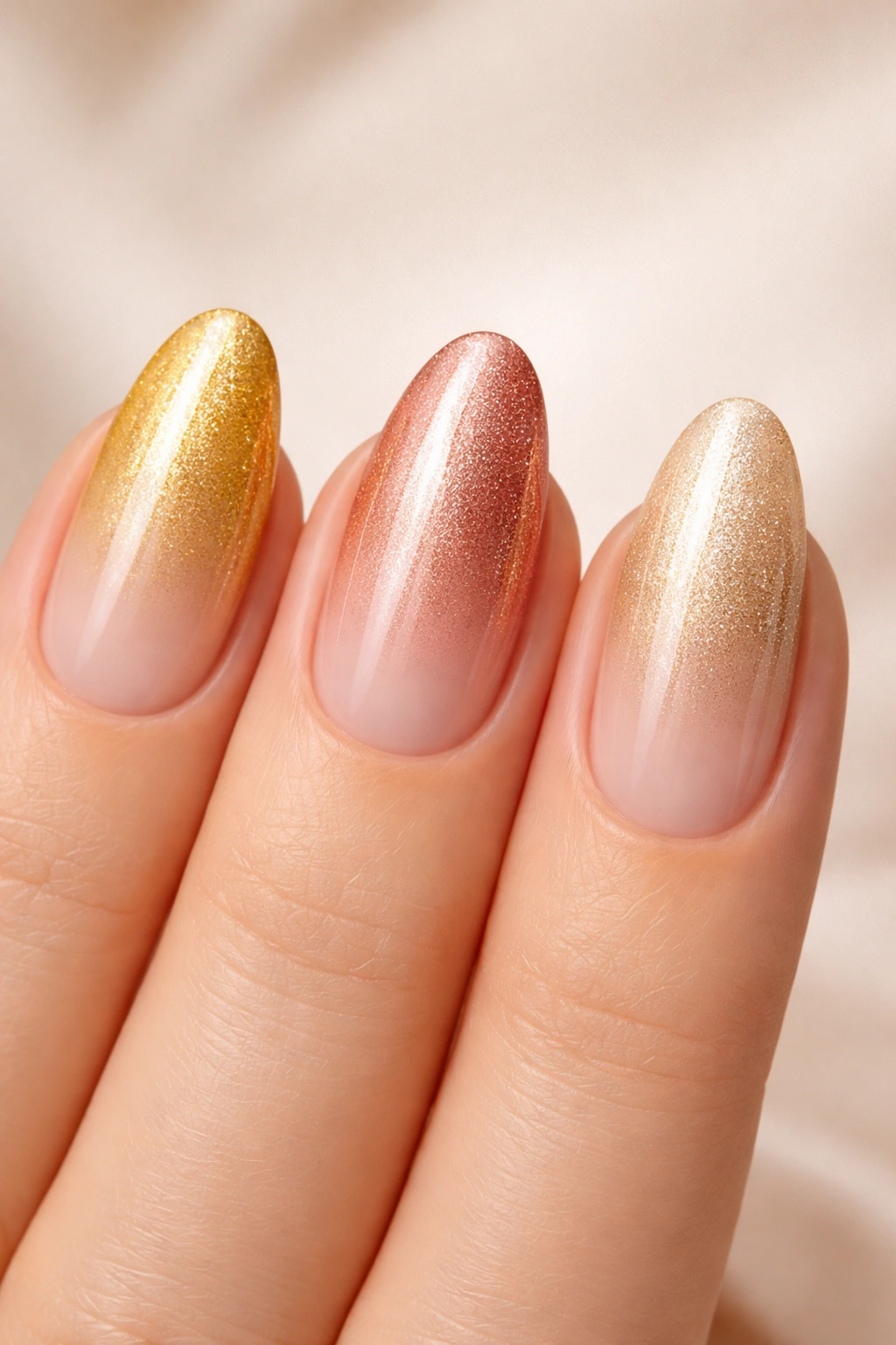 Nails showcasing yellow gold, rose gold, and champagne shades